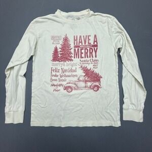 T&B Long Sleeve T Shirt Kids Boys XL 14-16 Cream Merry Christmas Graphic Cotton